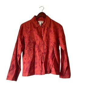 Y2k Coldwater Creek Embroidered‎ Linen Blend Shirt Jacket Women XS Red Floral